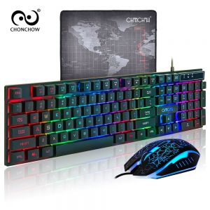 PC Gamer Backlight Gaming Keyboard and Mouse Combo Standard USB Wired Rainbow English Game Keyboard 3200 DPI Optical for Laptop